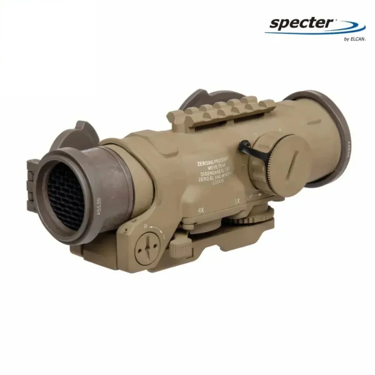 ELCAN SpecterDR 1x/4x Rifle Scope 5.56 BDC w/Flip Covers, ARD & A.R.M.S. Levers FDE - DFOV4-T265-C10 LPVO Rifle Scope ELCAN SpecterDR 